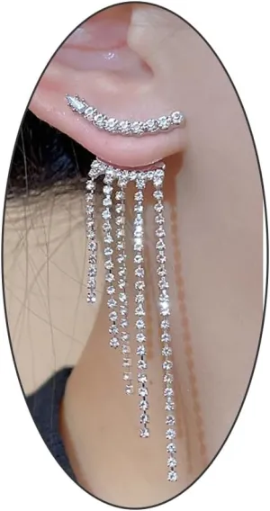 Bling Rhinestone Long Tassel Earrings Sparkling Crystal Drop Dangle Earrings, Charm Trendy Prom Front Back Fringe Earrings Jewelry Gift for Adult Women