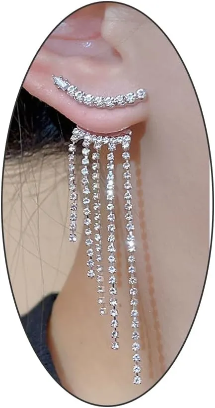 Bling Rhinestone Long Tassel Earrings Sparkling Crystal Drop Dangle Earrings, Charm Trendy Prom Front Back Fringe Earrings Jewelry Gift for Adult Women