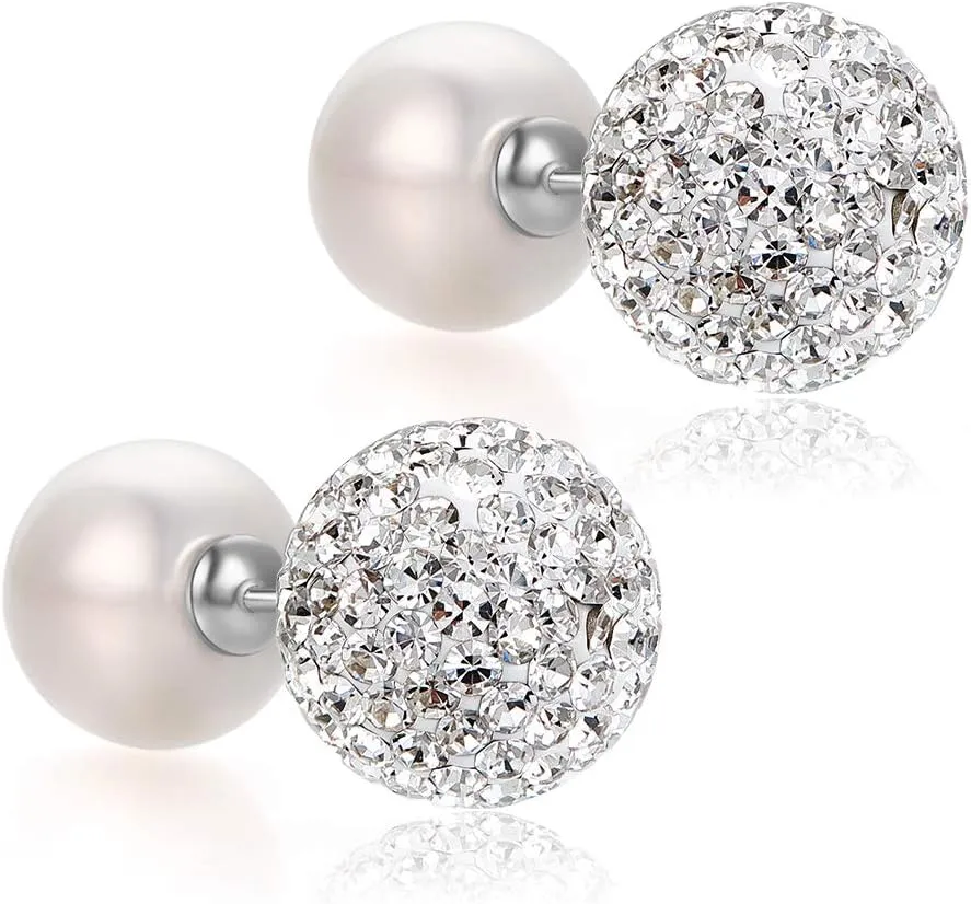 Blingest Pearl Crystal Double Sided Stud Earrings Front Back Catch Earring for Women 10mm