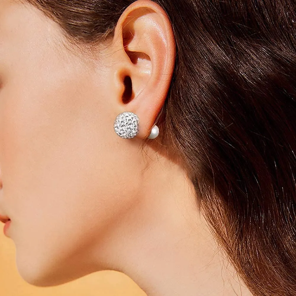 Blingest Pearl Crystal Double Sided Stud Earrings Front Back Catch Earring for Women 10mm