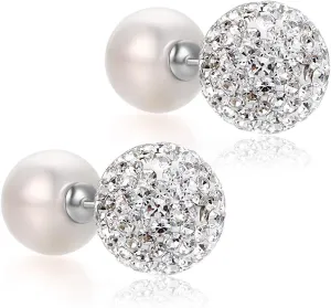 Blingest Pearl Crystal Double Sided Stud Earrings Front Back Catch Earring for Women 10mm