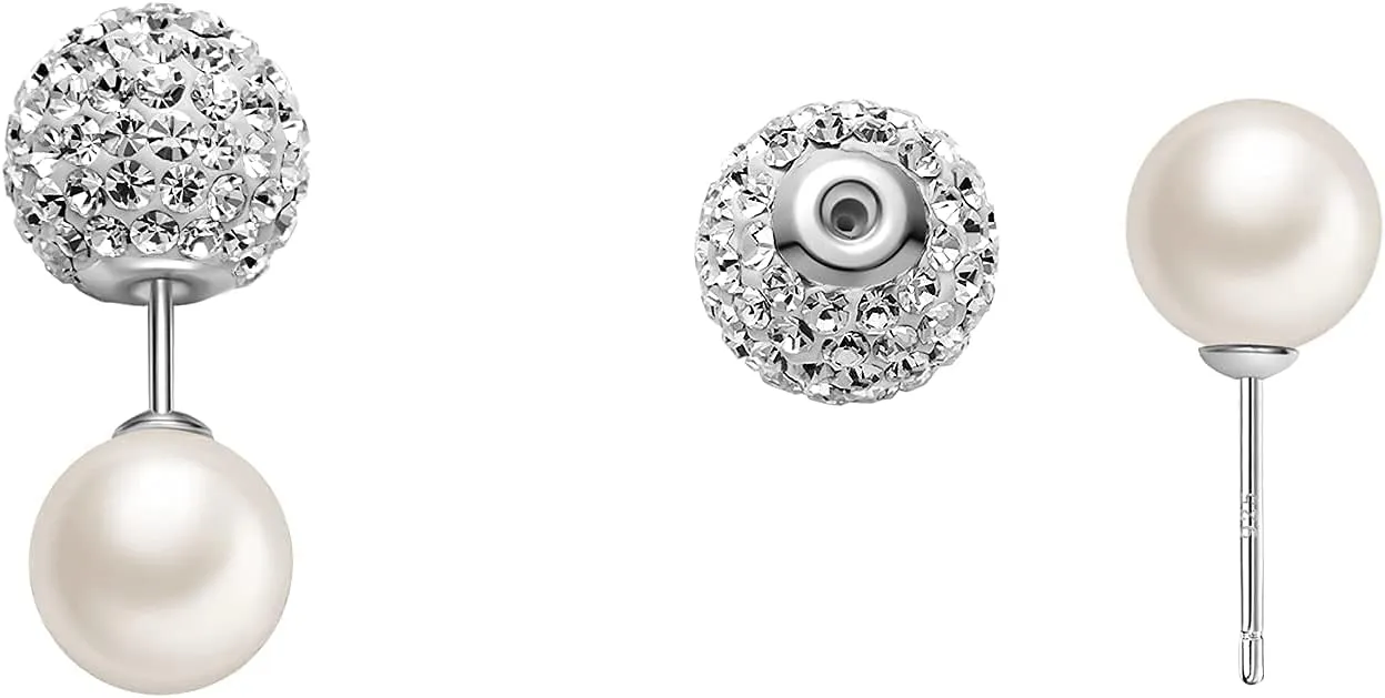 Blingest Pearl Crystal Double Sided Stud Earrings Front Back Catch Earring for Women 10mm