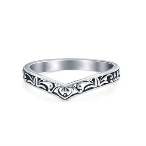 Blue Apple Co. Heart Filigree Oxidized Style Midi Thumb Ring V Band Chevron Plain Solid 925 Sterling Silver