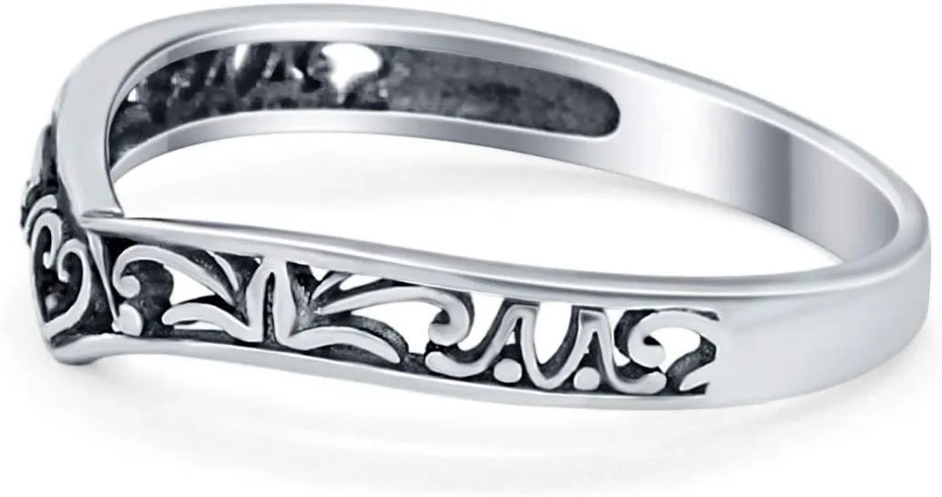 Blue Apple Co. Heart Filigree Oxidized Style Midi Thumb Ring V Band Chevron Plain Solid 925 Sterling Silver