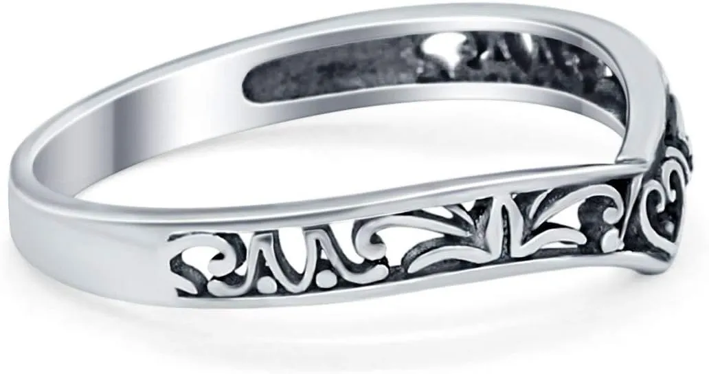 Blue Apple Co. Heart Filigree Oxidized Style Midi Thumb Ring V Band Chevron Plain Solid 925 Sterling Silver