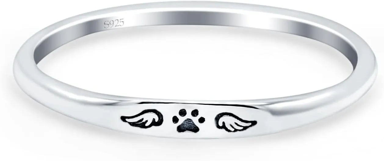 Blue Apple Co. Paw Print & Wings Ring Oxidized Band Solid 925 Sterling Silver Thumb Ring (2.2mm)