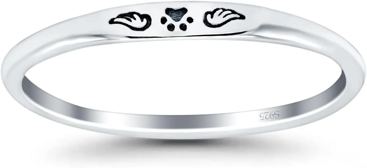 Blue Apple Co. Paw Print & Wings Ring Oxidized Band Solid 925 Sterling Silver Thumb Ring (2.2mm)