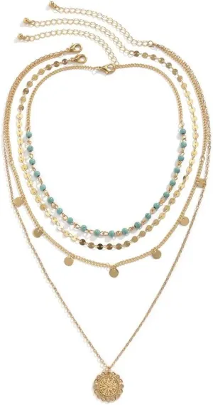 Blue Drop Turquoise Layered Necklace for Women Gold Coin Pendant Choker Chain Glitter boho Sequin Tassel Necklaces Jewelry