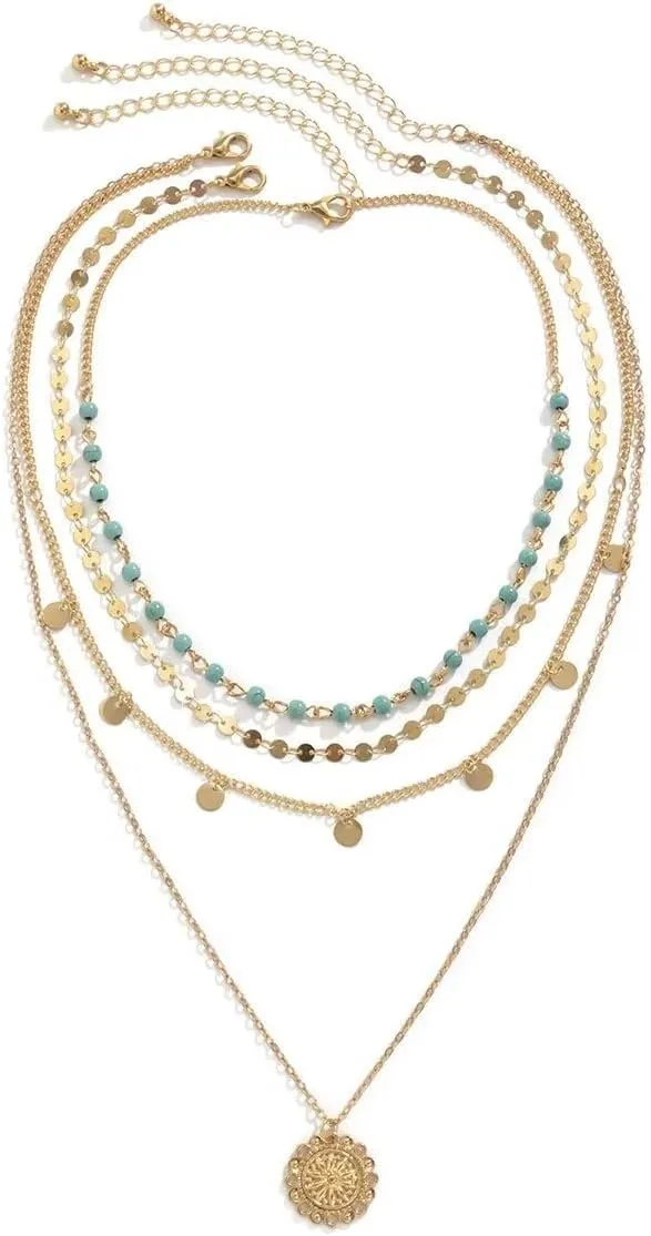 Blue Drop Turquoise Layered Necklace for Women Gold Coin Pendant Choker Chain Glitter boho Sequin Tassel Necklaces Jewelry