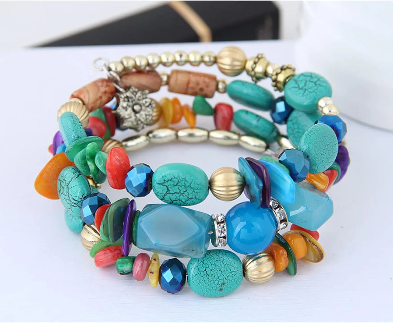 Bohemia Multilayer Irregular Turquoise Charm Bracelets Vintage Crystal Natural Stone Mix Beaded Winding Bracelet Yoga Bangles Strand for Women Man Girls Ethnic Jewelry Gifts