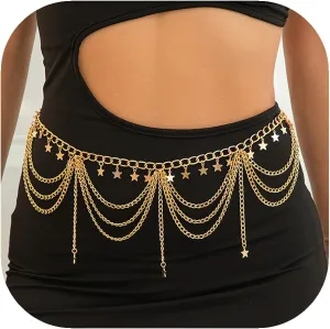 Boho Body Chain Waist Chain Gold Tassel Layered Chain Belt Adjustable Gold Belly Chains Metal Bikini Party Dress