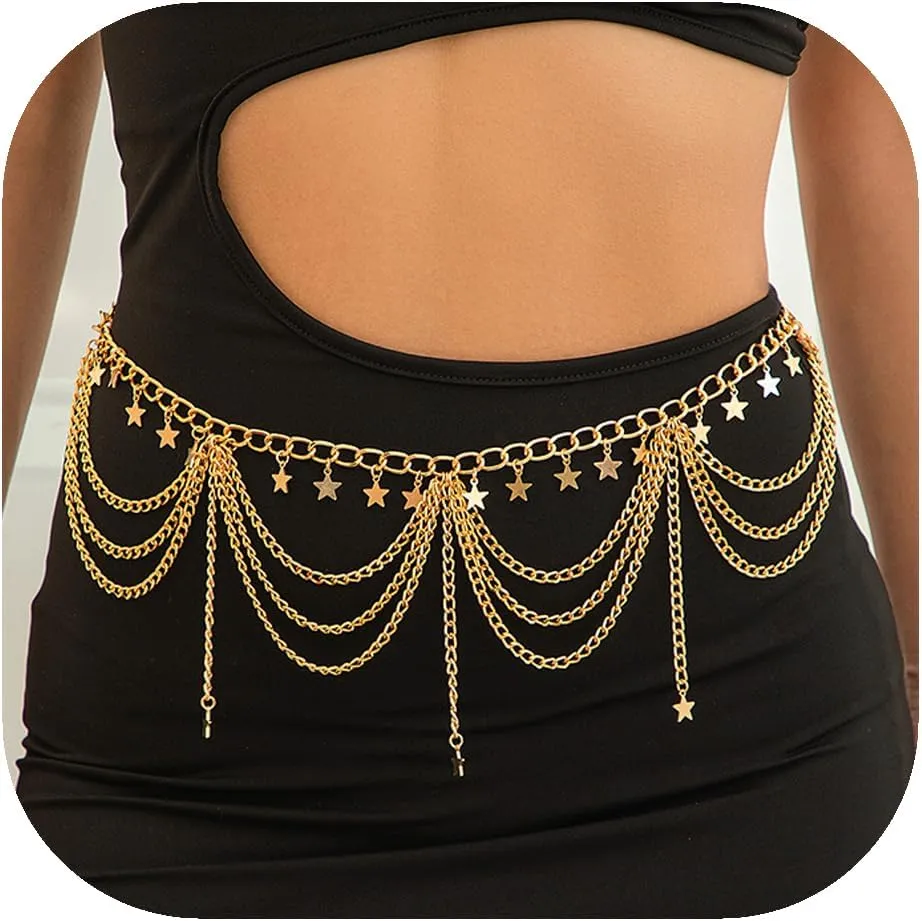 Boho Body Chain Waist Chain Gold Tassel Layered Chain Belt Adjustable Gold Belly Chains Metal Bikini Party Dress