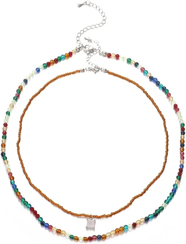 Boho Colorful Beaded Necklace Layered Necklace Clavicle Necklaces Jewelry Pendant Chain Beach for Women