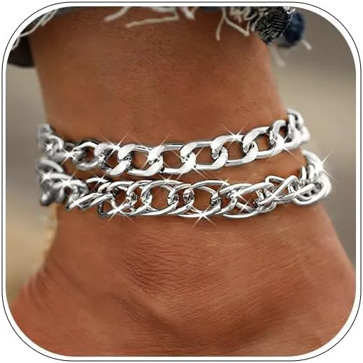 Boho Layered Anklets Gold Cuban Link Anklet Chain Chunky Bracelets Chains for Women