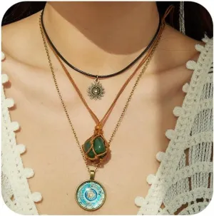 Boho Layered Necklace Multilaye Natural Crystal Stone Sun Necklace Layering Chain Gold Plated Necklaces Set Cuban Chain Jewelry
