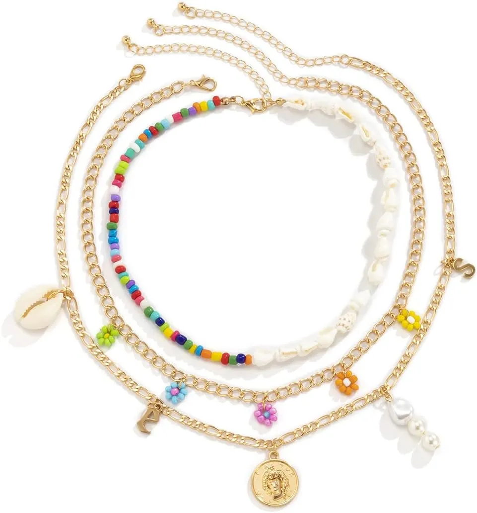 Boho Layered Pearl Turquoise Necklace Colorful Bead Chain Sequins Pendent Beach Choker Necklace Glitter Bohemia Tassel Necklace for Women