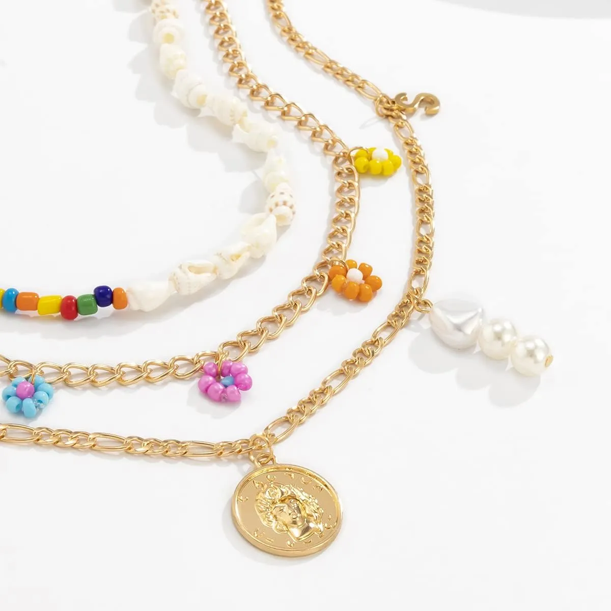 Boho Layered Pearl Turquoise Necklace Colorful Bead Chain Sequins Pendent Beach Choker Necklace Glitter Bohemia Tassel Necklace for Women
