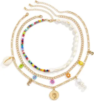Boho Layered Pearl Turquoise Necklace Colorful Bead Chain Sequins Pendent Beach Choker Necklace Glitter Bohemia Tassel Necklace for Women