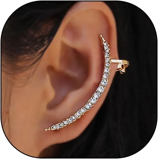 Boho Rhinestone Ear Cuff Earrings for Women Sparkling Long Crystal Wrap Climber Earrings Minimalist Non Piercing Earrings Charm Jewelry Accessories