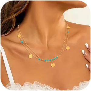 Boho Turquoise Sequin Necklaces Gold Western Layered Necklace Beaded Neck Jewelry for Women