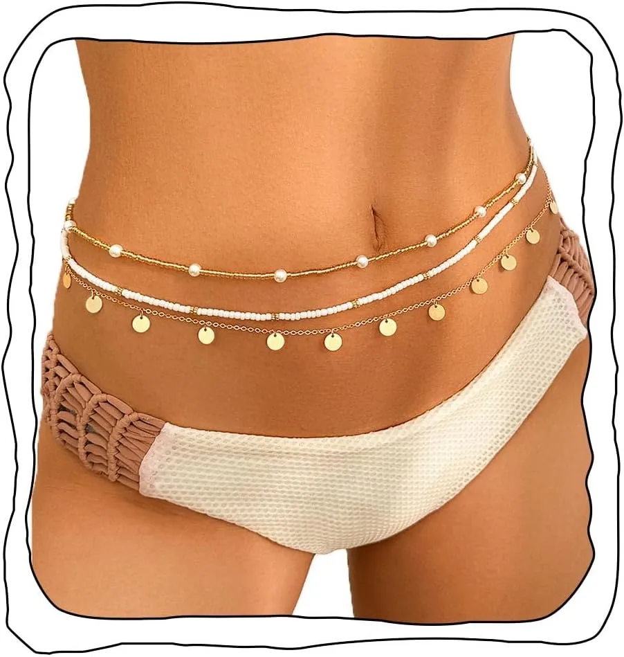 Boho Waist Beads Gold Layered Waist Beads Chain for Women Sequin Belly Chain Summer Jewelry Beaded