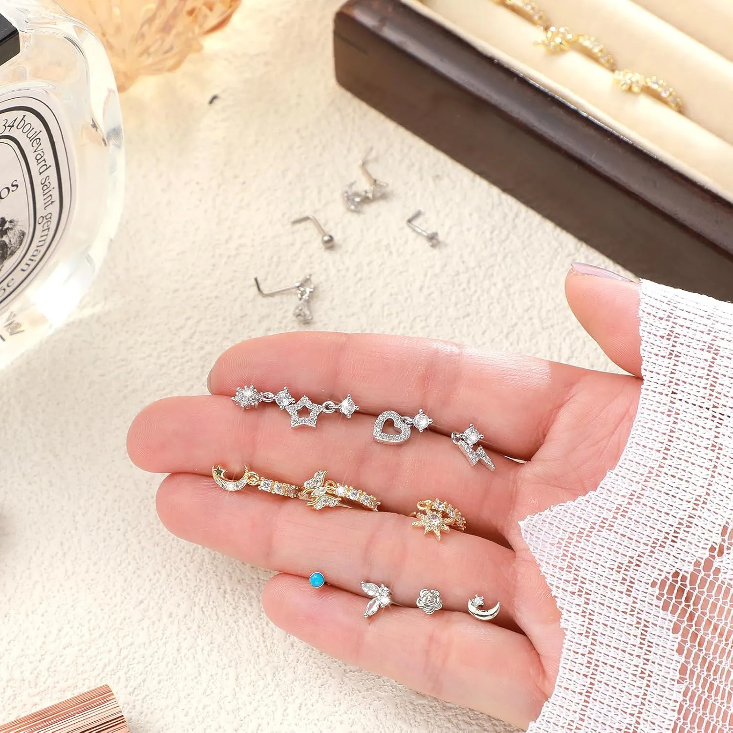Bonuci 18 Pcs Dangle Nose Ring L Shaped Dangling Nose Stud Nose Ring Hoop Indian Nose Piercing Jewelry with Charm