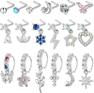 Bonuci 18 Pcs Dangle Nose Ring L Shaped Dangling Nose Stud Nose Ring Hoop Indian Nose Piercing Jewelry with Charm