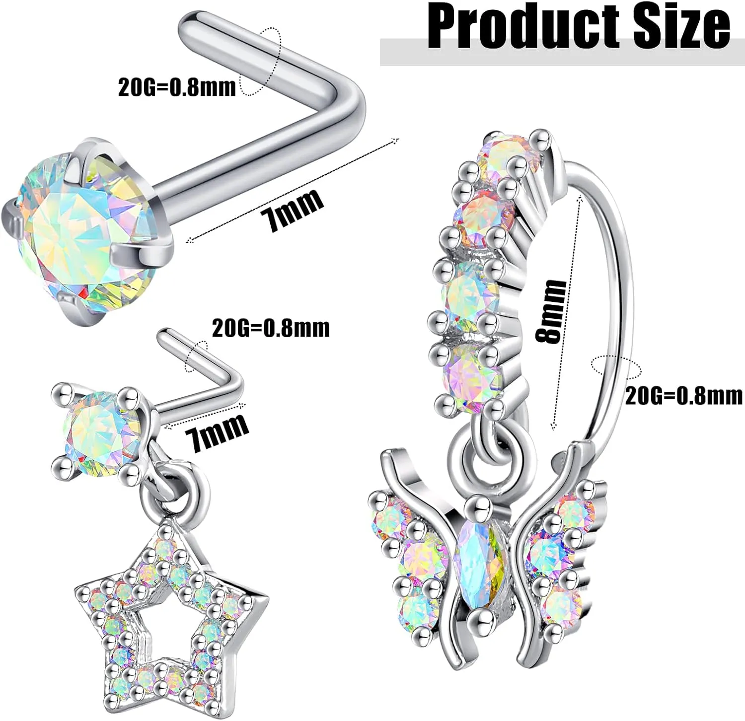 Bonuci 18 Pcs Dangle Nose Ring L Shaped Dangling Nose Stud Nose Ring Hoop Indian Nose Piercing Jewelry with Charm