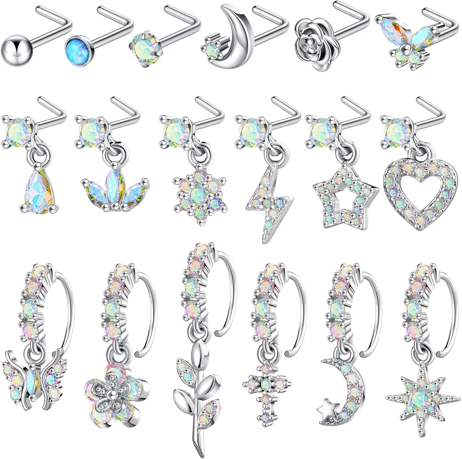 Bonuci 18 Pcs Dangle Nose Ring L Shaped Dangling Nose Stud Nose Ring Hoop Indian Nose Piercing Jewelry with Charm