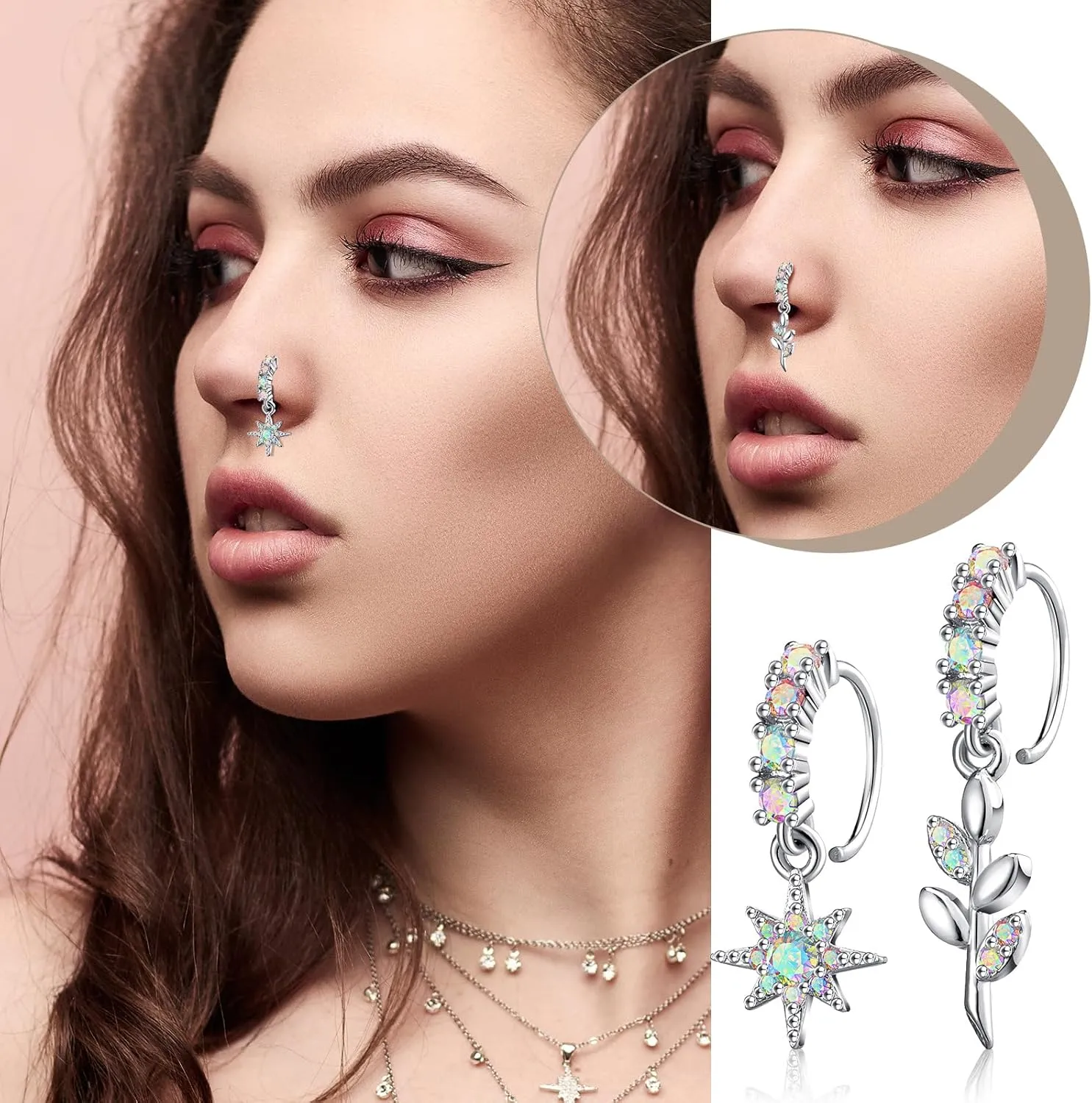 Bonuci 18 Pcs Dangle Nose Ring L Shaped Dangling Nose Stud Nose Ring Hoop Indian Nose Piercing Jewelry with Charm