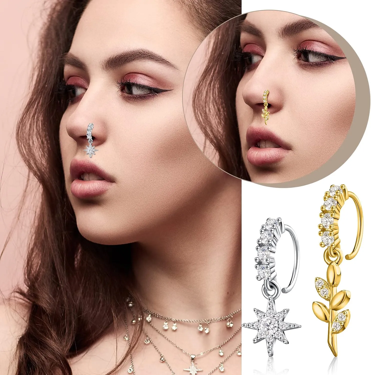 Bonuci 18 Pcs Dangle Nose Ring L Shaped Dangling Nose Stud Nose Ring Hoop Indian Nose Piercing Jewelry with Charm