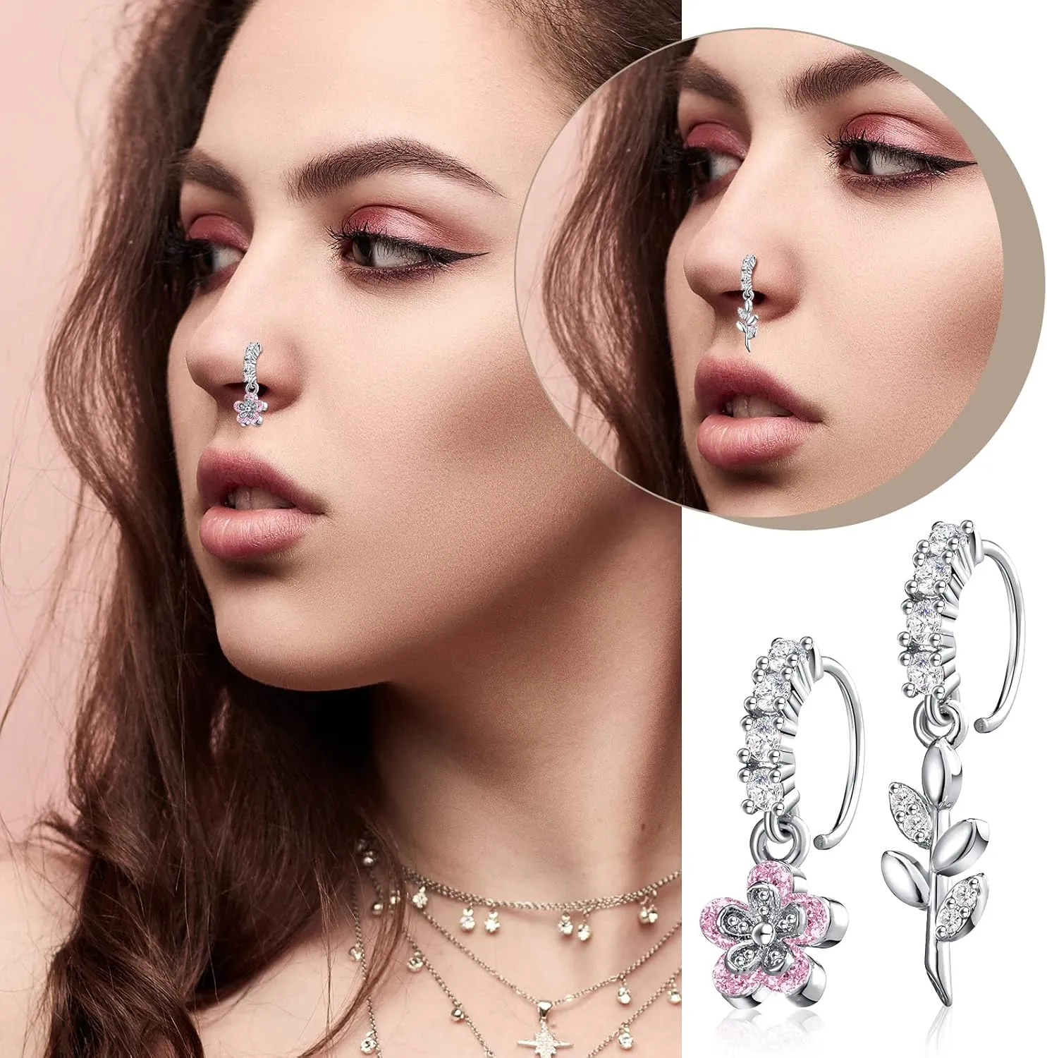 Bonuci 18 Pcs Dangle Nose Ring L Shaped Dangling Nose Stud Nose Ring Hoop Indian Nose Piercing Jewelry with Charm