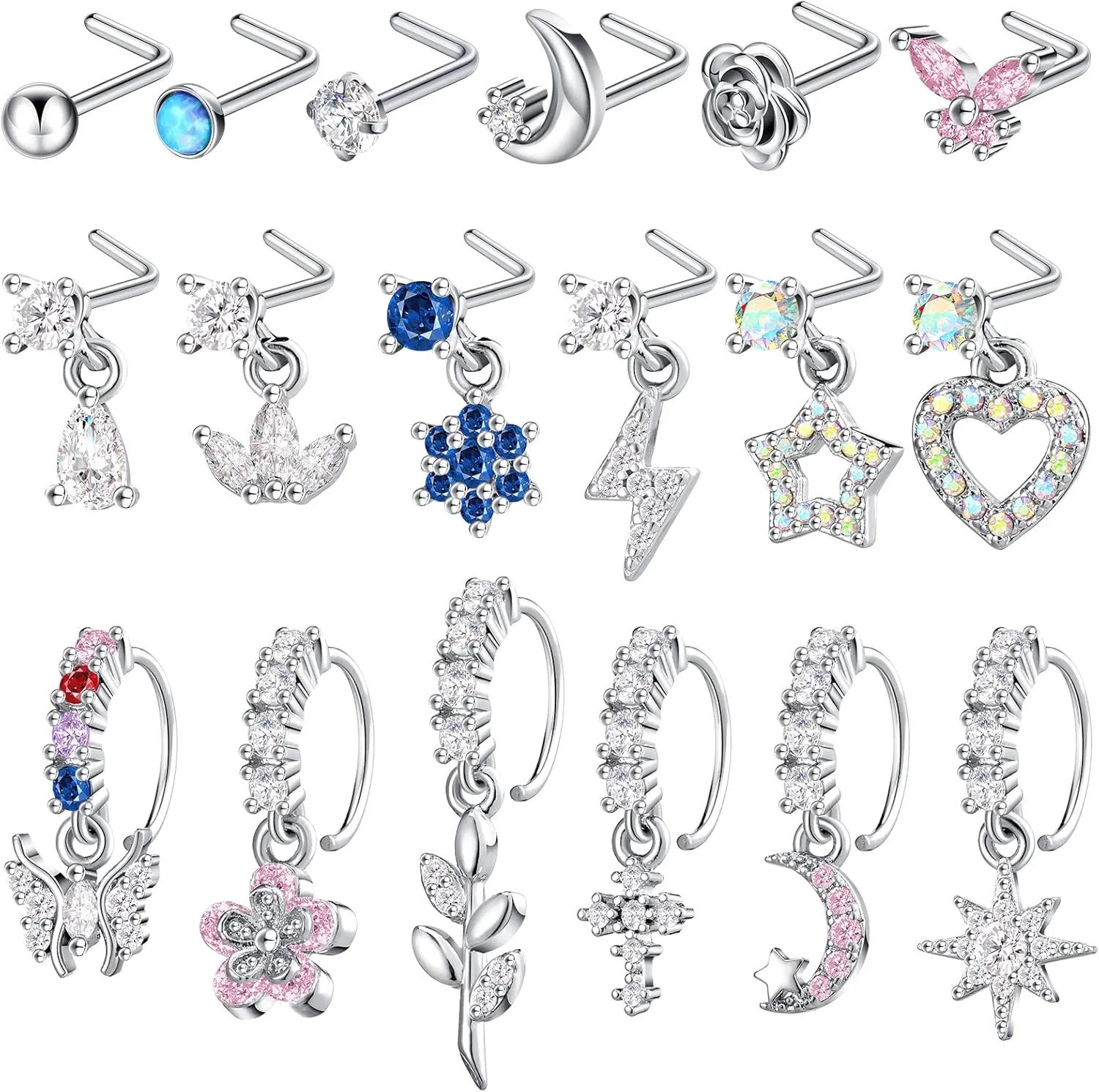 Bonuci 18 Pcs Dangle Nose Ring L Shaped Dangling Nose Stud Nose Ring Hoop Indian Nose Piercing Jewelry with Charm