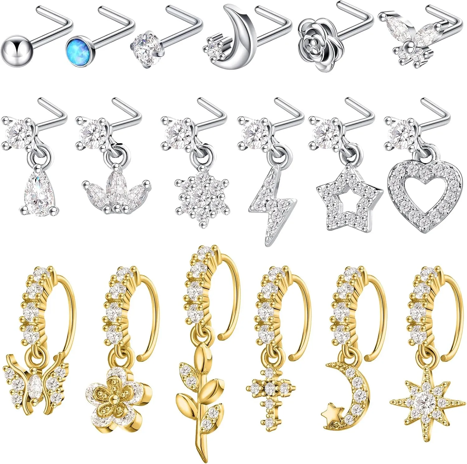 Bonuci 18 Pcs Dangle Nose Ring L Shaped Dangling Nose Stud Nose Ring Hoop Indian Nose Piercing Jewelry with Charm
