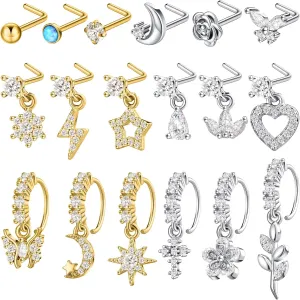 Bonuci 18 Pcs Dangle Nose Ring L Shaped Dangling Nose Stud Nose Ring Hoop Indian Nose Piercing Jewelry with Charm