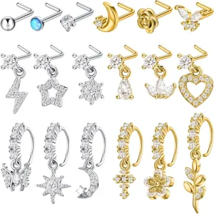 Bonuci 18 Pcs Dangle Nose Ring L Shaped Dangling Nose Stud Nose Ring Hoop Indian Nose Piercing Jewelry with Charm
