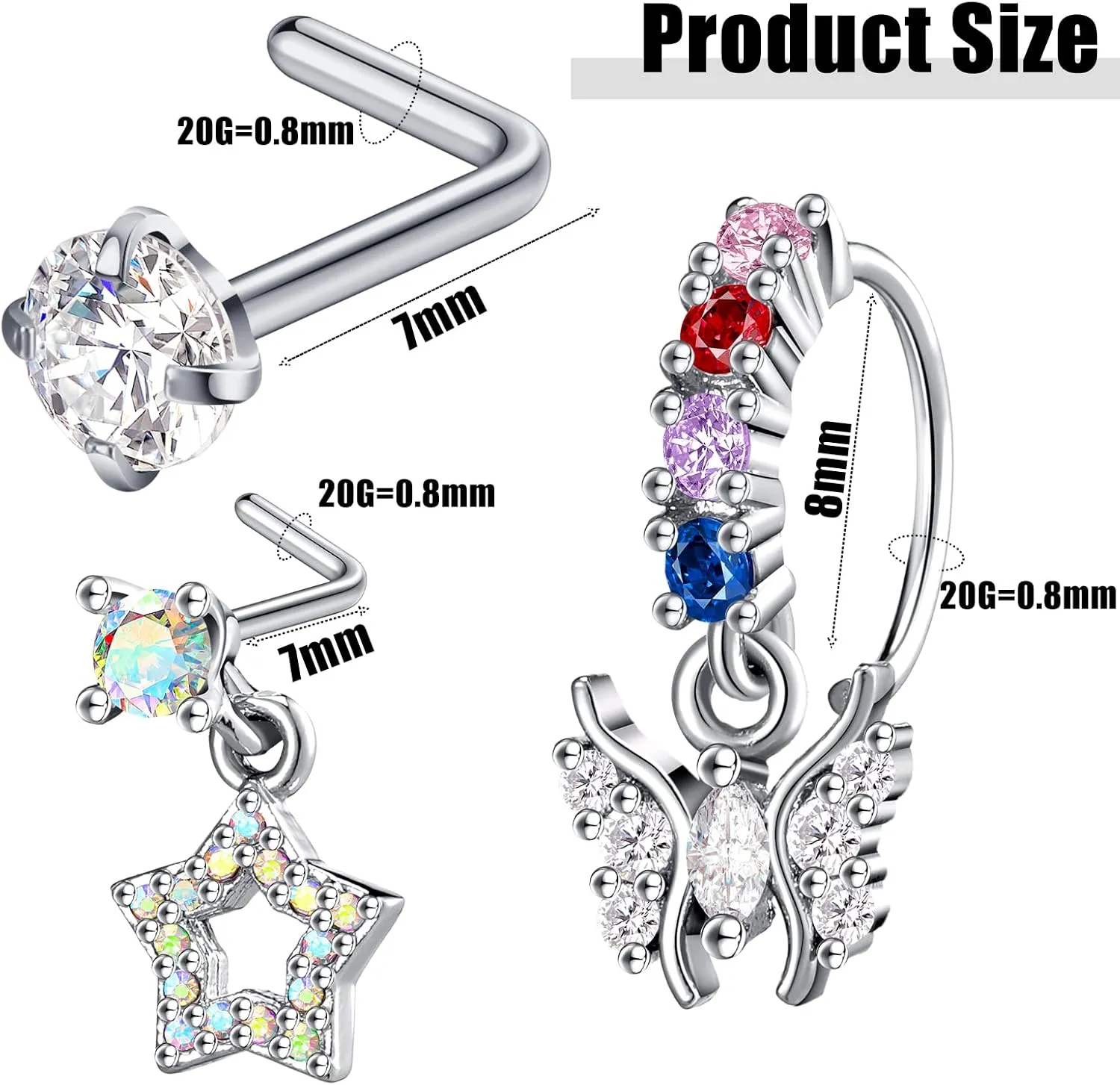 Bonuci 18 Pcs Dangle Nose Ring L Shaped Dangling Nose Stud Nose Ring Hoop Indian Nose Piercing Jewelry with Charm
