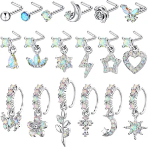 Bonuci 18 Pcs Dangle Nose Ring L Shaped Dangling Nose Stud Nose Ring Hoop Indian Nose Piercing Jewelry with Charm