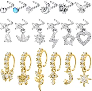 Bonuci 18 Pcs Dangle Nose Ring L Shaped Dangling Nose Stud Nose Ring Hoop Indian Nose Piercing Jewelry with Charm