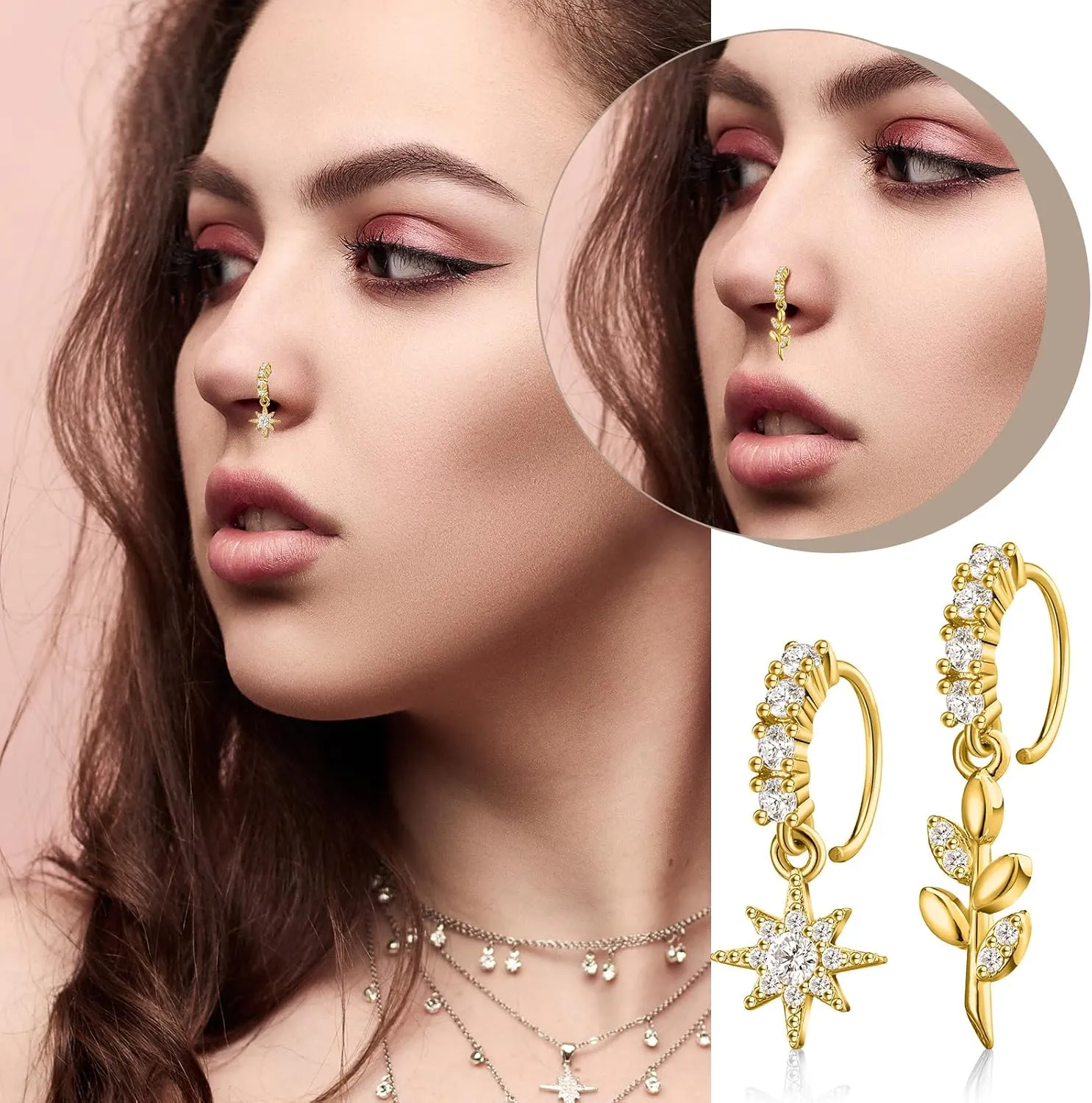 Bonuci 18 Pcs Dangle Nose Ring L Shaped Dangling Nose Stud Nose Ring Hoop Indian Nose Piercing Jewelry with Charm