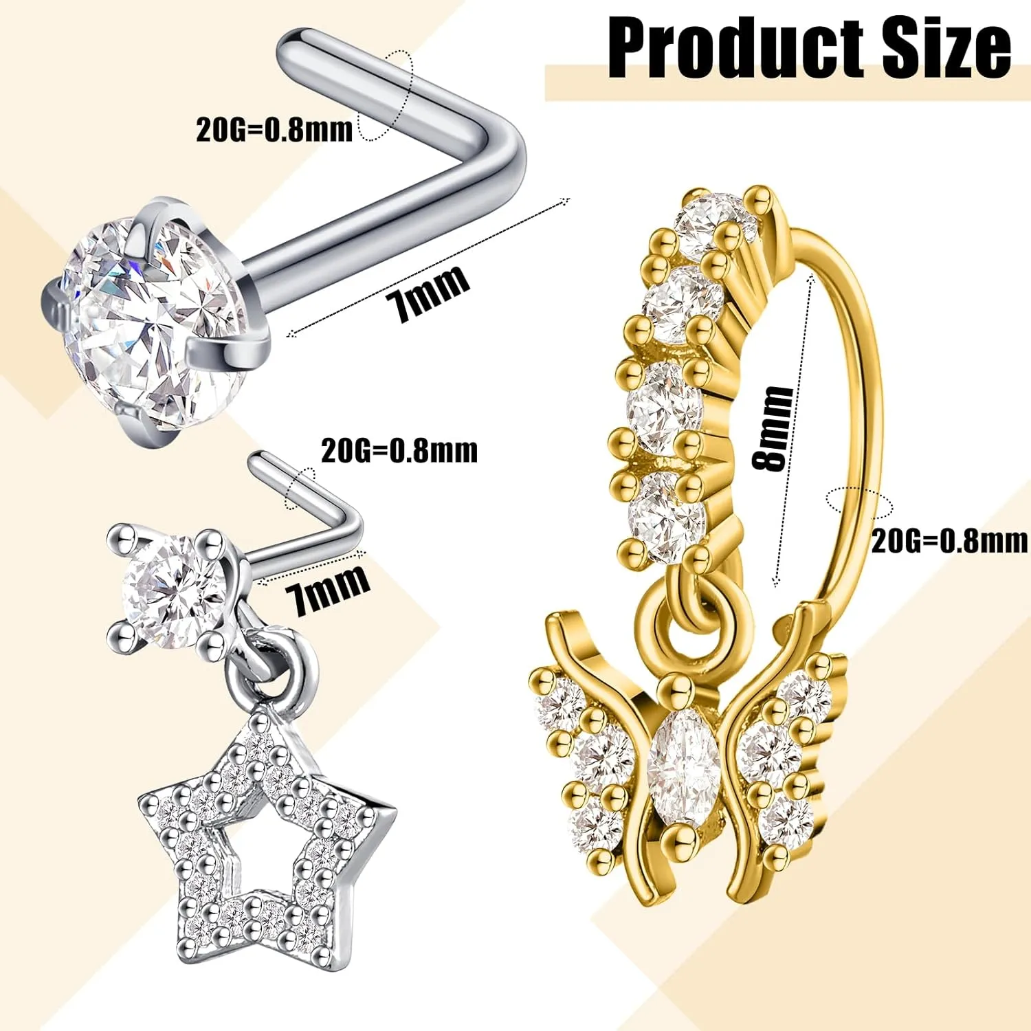 Bonuci 18 Pcs Dangle Nose Ring L Shaped Dangling Nose Stud Nose Ring Hoop Indian Nose Piercing Jewelry with Charm