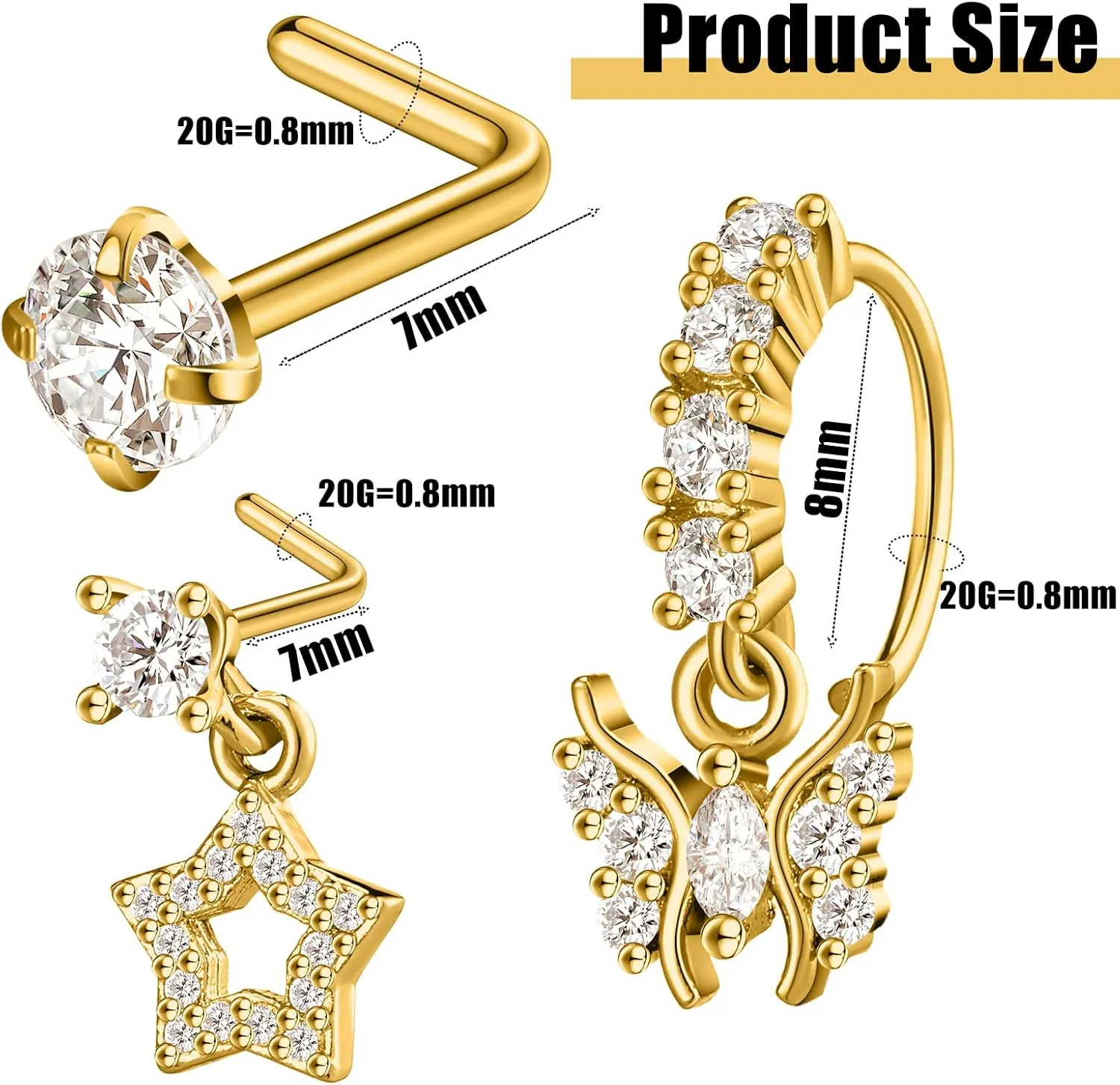Bonuci 18 Pcs Dangle Nose Ring L Shaped Dangling Nose Stud Nose Ring Hoop Indian Nose Piercing Jewelry with Charm