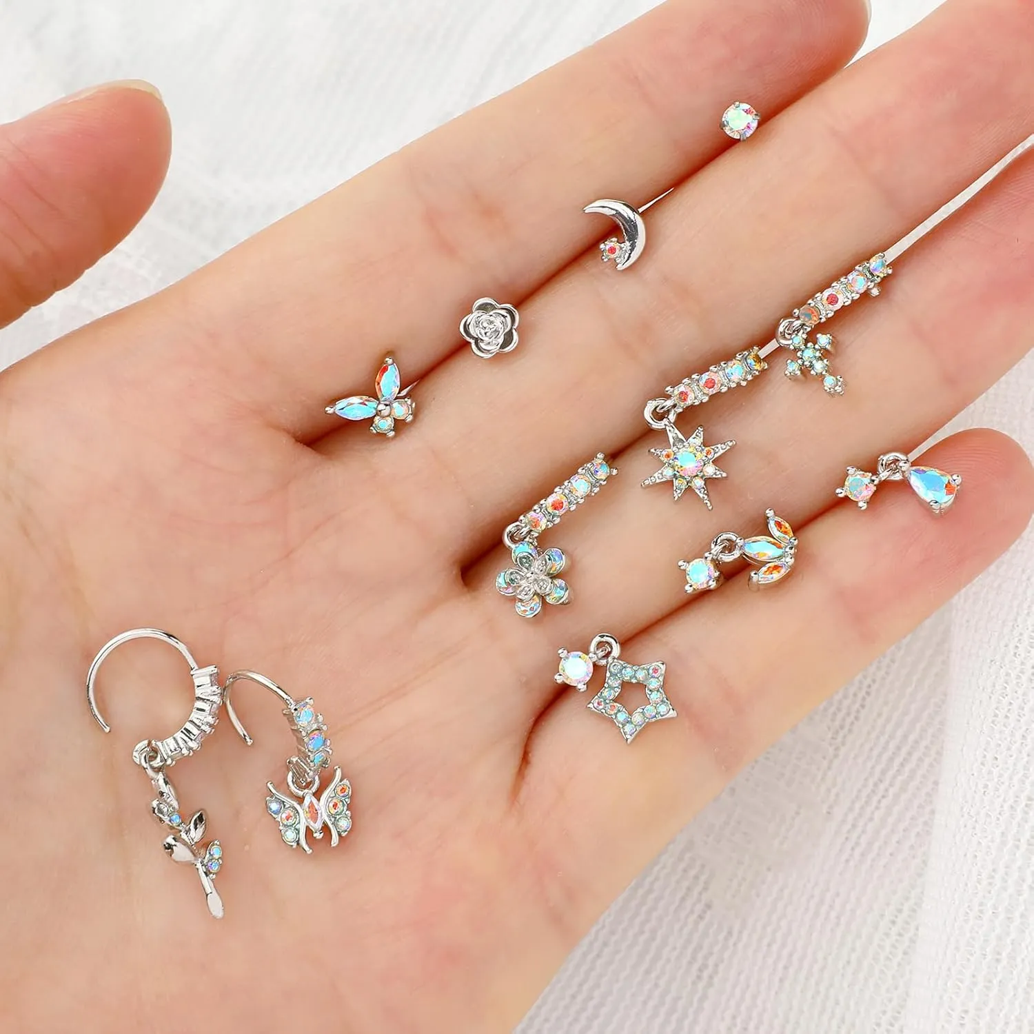Bonuci 18 Pcs Dangle Nose Ring L Shaped Dangling Nose Stud Nose Ring Hoop Indian Nose Piercing Jewelry with Charm