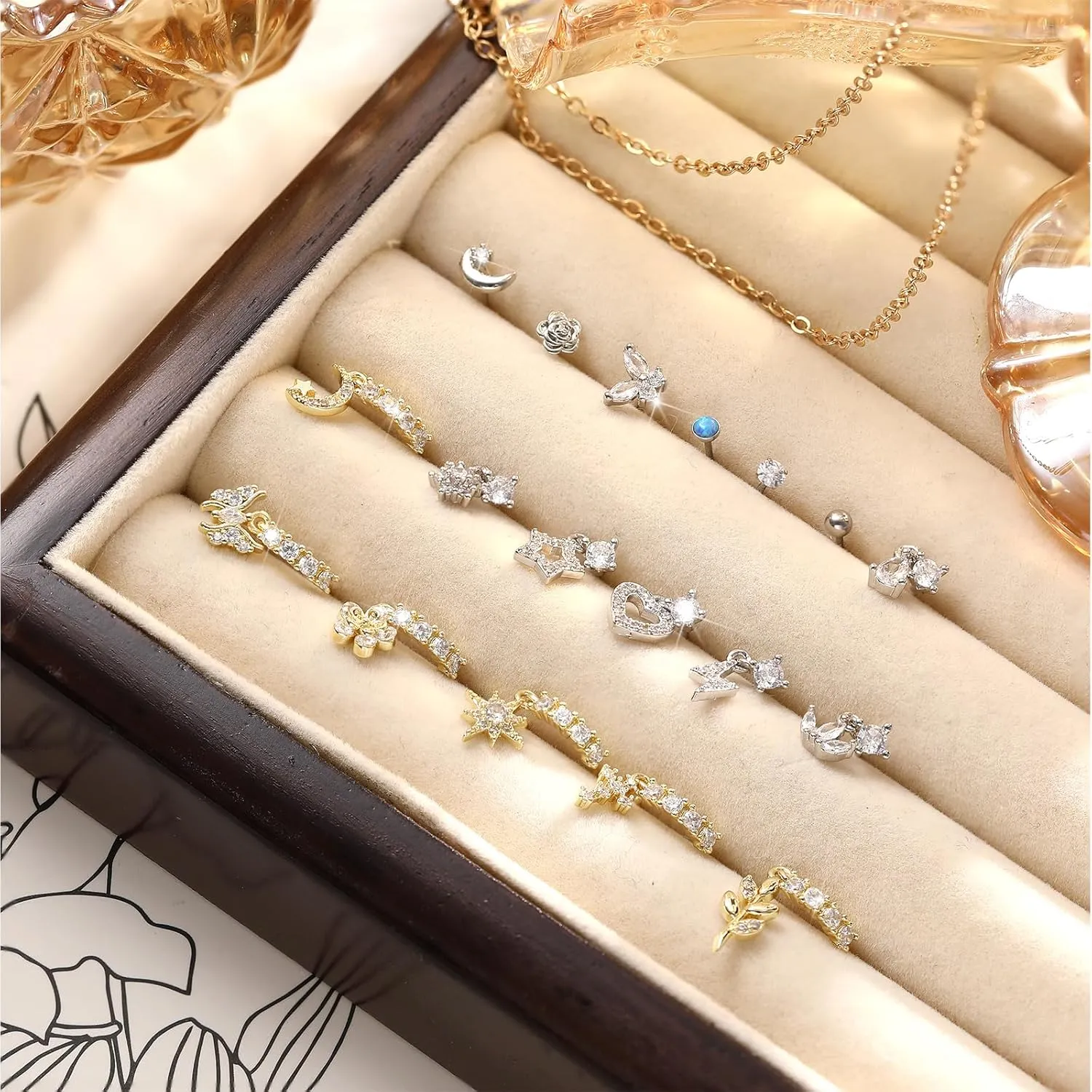 Bonuci 18 Pcs Dangle Nose Ring L Shaped Dangling Nose Stud Nose Ring Hoop Indian Nose Piercing Jewelry with Charm