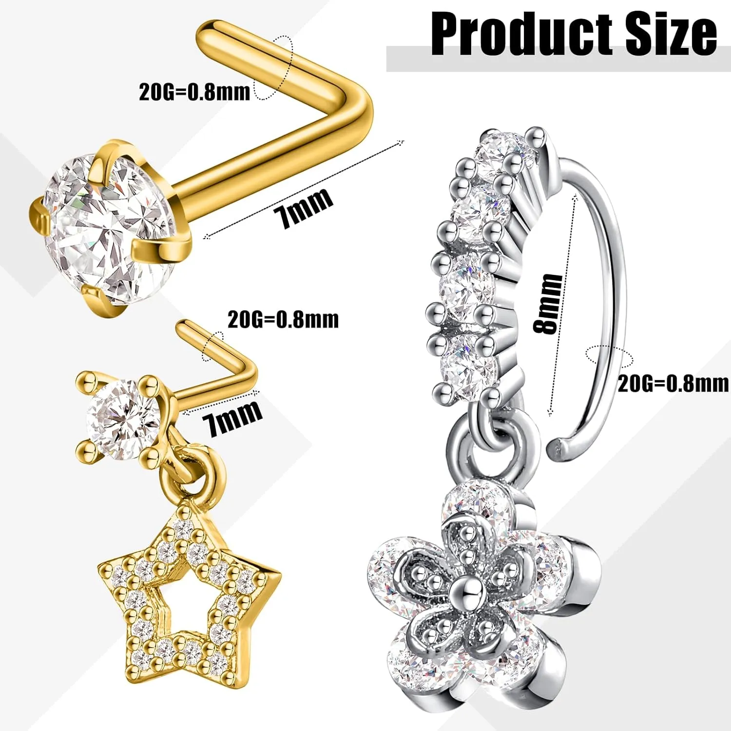 Bonuci 18 Pcs Dangle Nose Ring L Shaped Dangling Nose Stud Nose Ring Hoop Indian Nose Piercing Jewelry with Charm