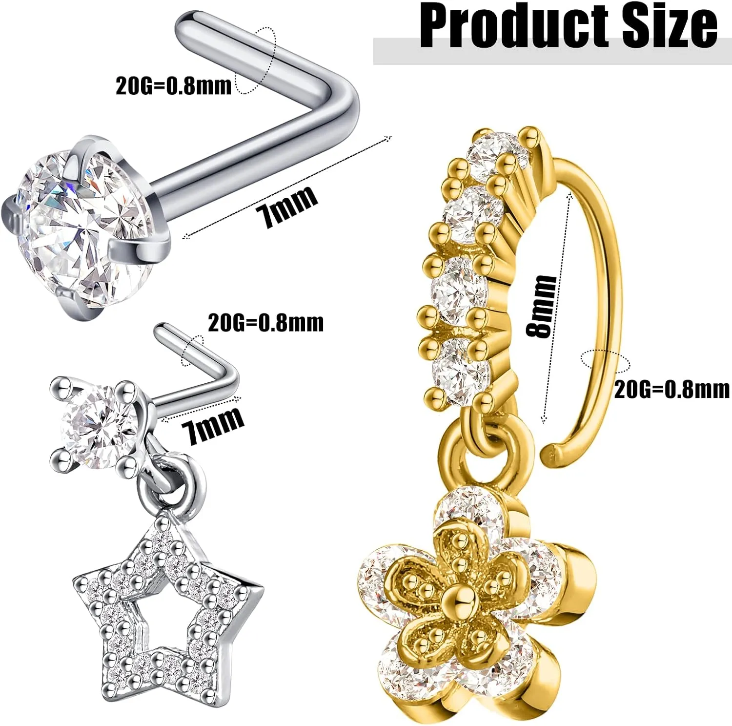 Bonuci 18 Pcs Dangle Nose Ring L Shaped Dangling Nose Stud Nose Ring Hoop Indian Nose Piercing Jewelry with Charm
