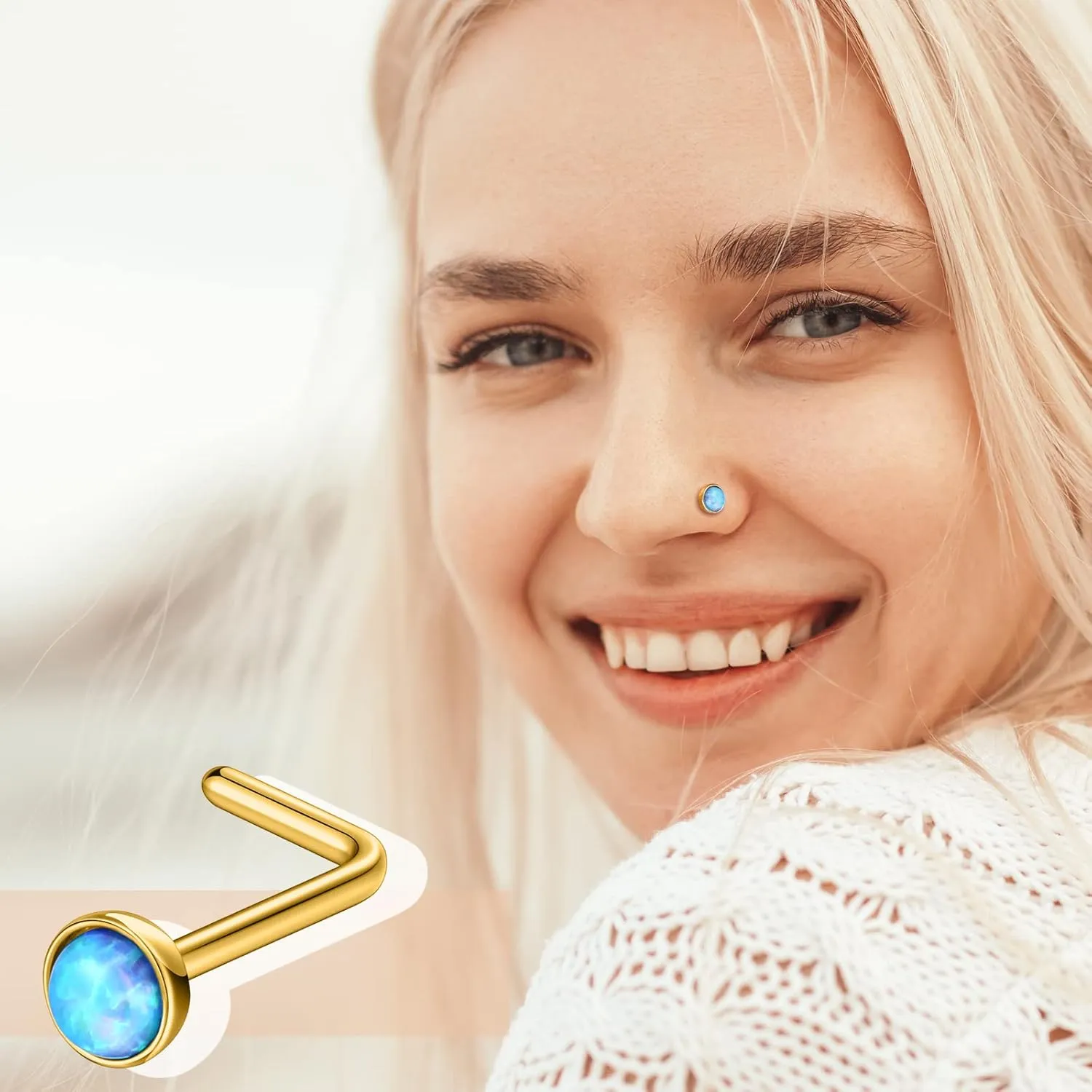 Bonuci 18 Pcs Dangle Nose Ring L Shaped Dangling Nose Stud Nose Ring Hoop Indian Nose Piercing Jewelry with Charm