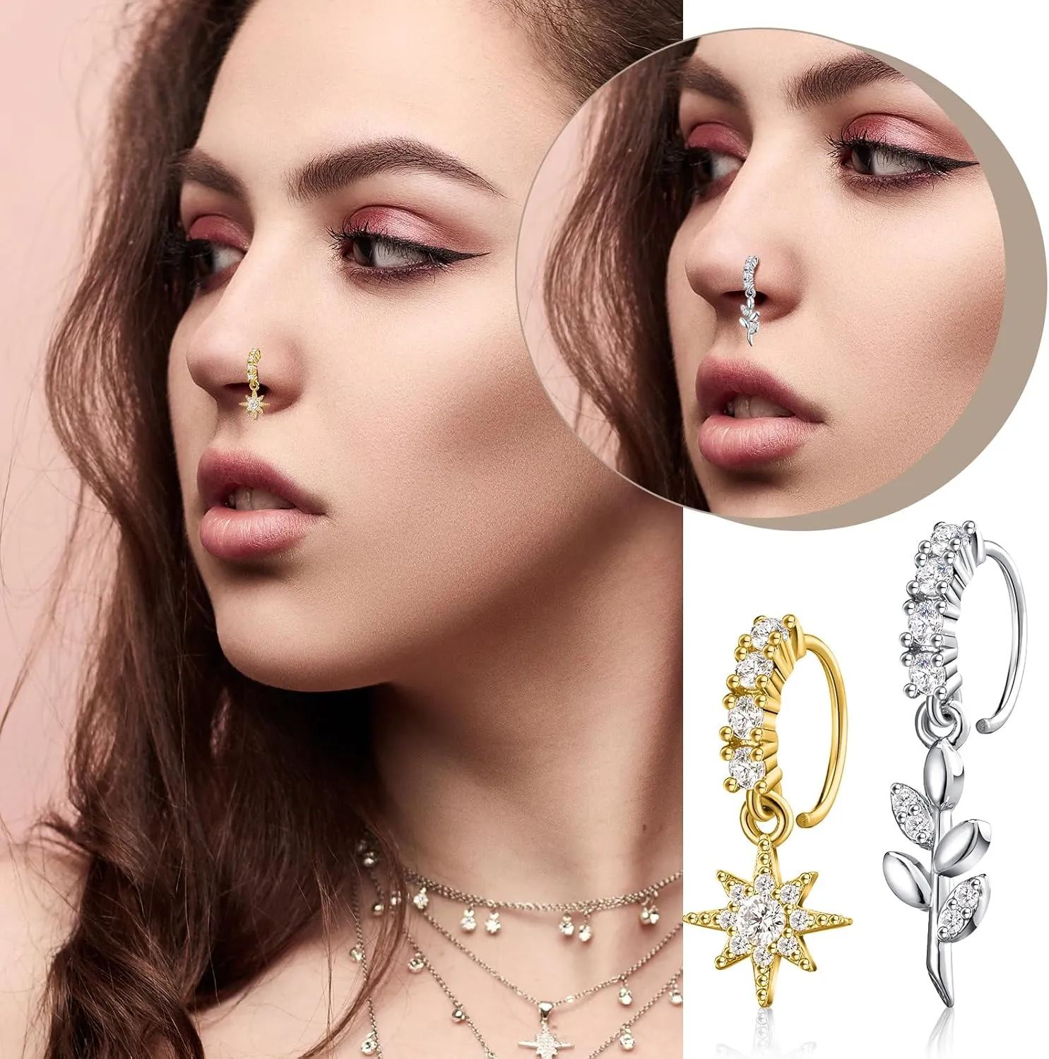 Bonuci 18 Pcs Dangle Nose Ring L Shaped Dangling Nose Stud Nose Ring Hoop Indian Nose Piercing Jewelry with Charm