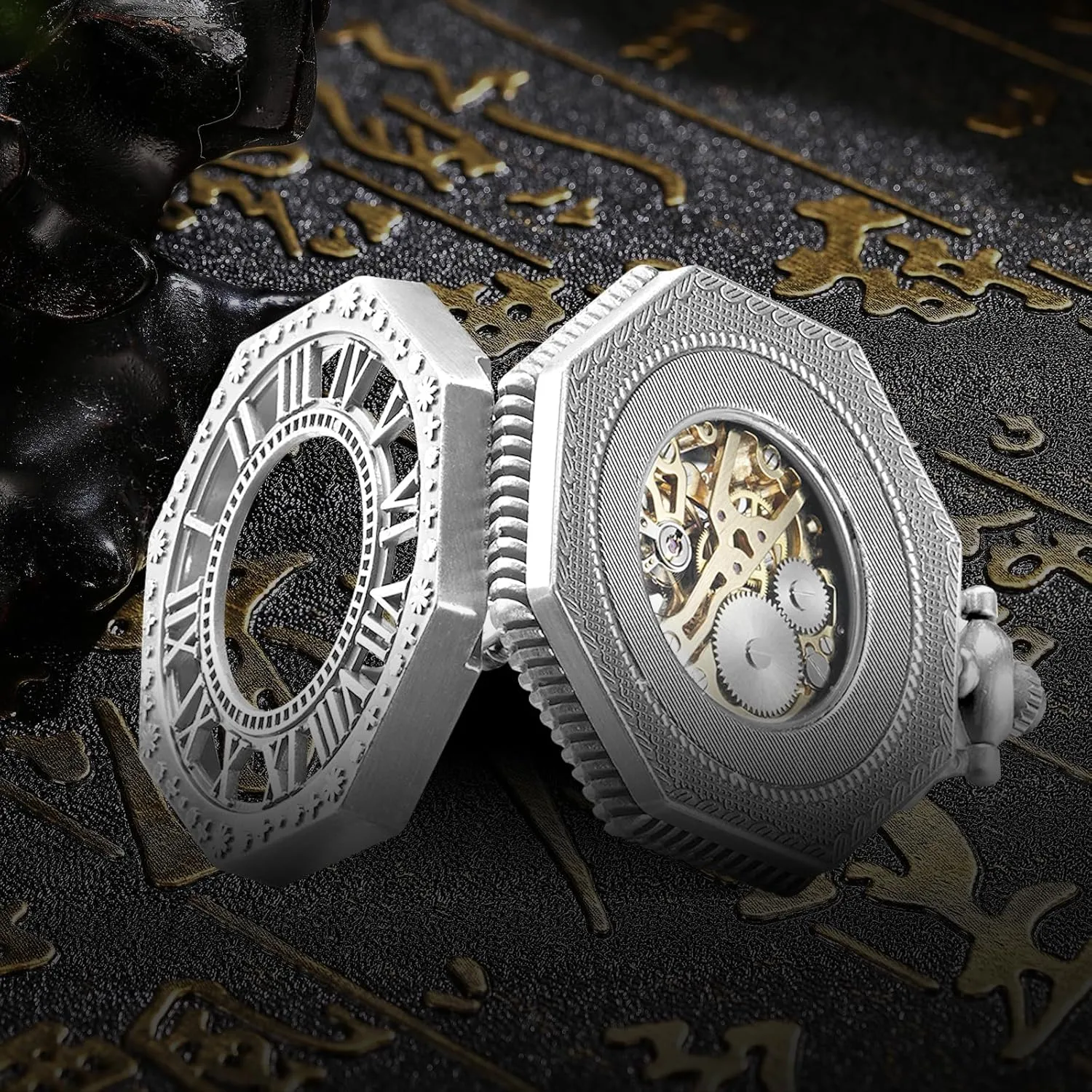 BOSHIYA Mechanical Pocket Watch Luminous Steampunk Vintage Pocket Watch/with Chains/Hand Wind Up/Black Skeleton/Dial Roman Numberals