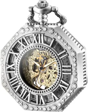 BOSHIYA Mechanical Pocket Watch Luminous Steampunk Vintage Pocket Watch/with Chains/Hand Wind Up/Black Skeleton/Dial Roman Numberals